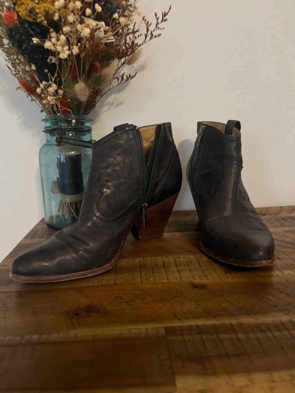 Frye Reina Navy Leather Ankle Booties with Wooden Stacked Heel
